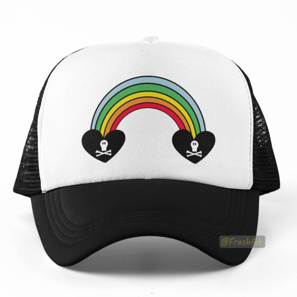 🆕Skull Rainbow Foam Trucker Hat Mesh Snapback Cap Black/White